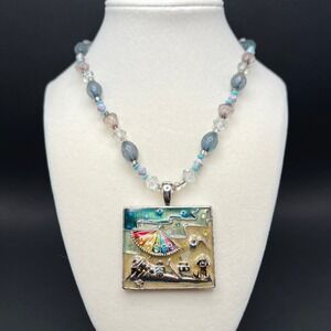 Vintage Sun Girl Beachy Enamel Pendant Necklace Beaded Multicolor Summer Kitsch